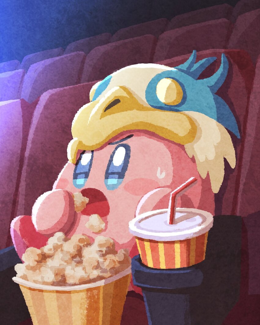 bird_hat blue_eyes commentary_request cup disposable_cup eating food highres kirby kirby_(series) miclot movie_theater nintendo no_humans open_mouth popcorn sitting solo sweatdrop theater_seating