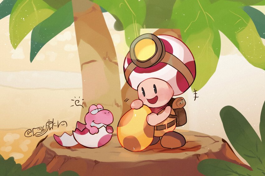 +++ 1boy baby_yoshi captain_toad captain_toad:_treasure_tracker flashlight golden_egg hanaon highres male_focus mario_(series) nintendo open_mouth palm_tree pink_yoshi smile solid_oval_eyes squeans toad_(mario) tree tree_stump