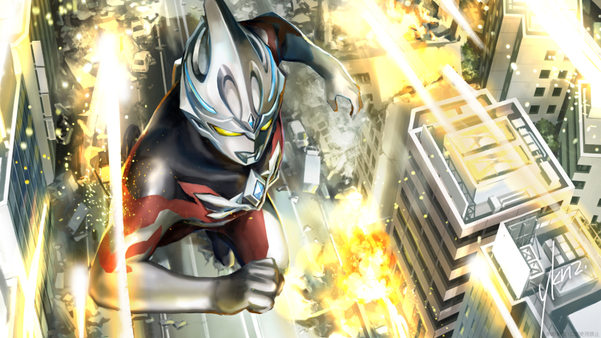 1boy black_skin building charging_forward city cityscape clenched_hand color_timer colored_skin commentary_request energy_arrow explosion forehead_jewel highres light_particles looking_ahead male_focus multicolored_skin no_pupils red_skin road rubble signature silver_skin snowslide solo street tokusatsu ultra_series ultraman_arc ultraman_arc_(series) yellow_eyes
