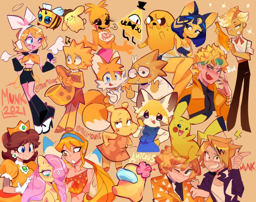 6+boys 6+girls absurdres adventure_time agatsuma_zenitsu aggressive_retsuko alphys among_us animal animal_crossing ankha_(animal_crossing) bee bee_(minecraft) bill_cipher blonde_hair boku_no_hero_academia bug character_request chica color_connection colored_skin crewmate_(among_us) crop_top crossover crown dio_brando double_v dress five_nights_at_freddy&#039;s fluttershy fox furry furry_male gen_1_pokemon gravity_falls highres hippopotamus insect jake_the_dog jojo_no_kimyou_na_bouken kagamine_rin kaminari_denki kimetsu_no_yaiba lab_coat lisa_simpson looking_at_viewer mario_(series) minecraft monster_girl mulemount multiple_boys multiple_crossover multiple_girls multiple_tails my_little_pony my_little_pony:_friendship_is_magic nickelodeon nintendo pikachu pokemon pokemon_(creature) pompompurin princess_daisy retsuko sanrio smile sonic_(series) stardust_crusaders stella_(winx_club) super_mario_land tail tails_(sonic) tasha_(the_backyardigans) the_backyardigans the_simpsons toy_chica triangle_print undertale v vocaloid winx_club yellow_(among_us) yellow_background yellow_skin yellow_theme