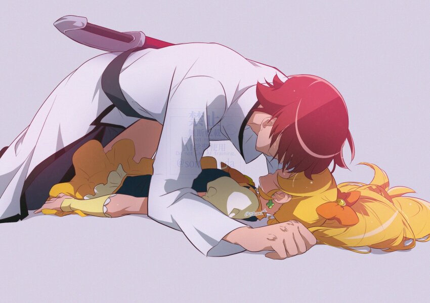 1boy 1girl accidental_kiss accidental_pervert accidental_touch blonde_hair clover_earrings cure_honey dress earrings face-to-face faceless flirting frilled_dress frilled_skirt frilled_sleeves frills gloves hair_ribbon hands_on_floor happinesscharge_precure! highres jewelry legs_on_another&#039;s_lap long_hair long_sleeves lying_on_person mature_male oomori_yuuko parted_bangs phantom_(happinesscharge_precure!) ponytail precure pushing_down red_hair ribbon short_hair short_sleeves sideways skirt sleeping_together sword twitter_username very_long_hair wasa7subi watermark weapon yellow_gloves