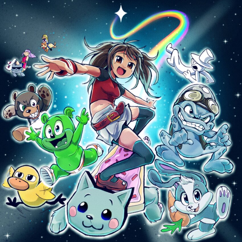 2000s_(style) 3girls 6+boys bird brown_hair candy caramella_girls caramelldansen cat character_request crazy_frog dog duck food gummy_bear highres meme multiple_boys multiple_girls nyan_cat rabbit rainbow red_shirt shirt space stuffed_animal stuffed_toy surfing teddy_bear twintails two-tone_shirt verafan4ever youtube