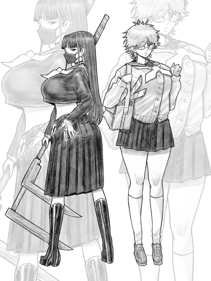 bleach bleach:_sennen_kessen-hen boots glasses hand_on_own_hip highres knee_boots kotetsu_isane kurotsuchi_nemu leteo_01 long_skirt mask medical_mask monochrome school_uniform scythe skirt