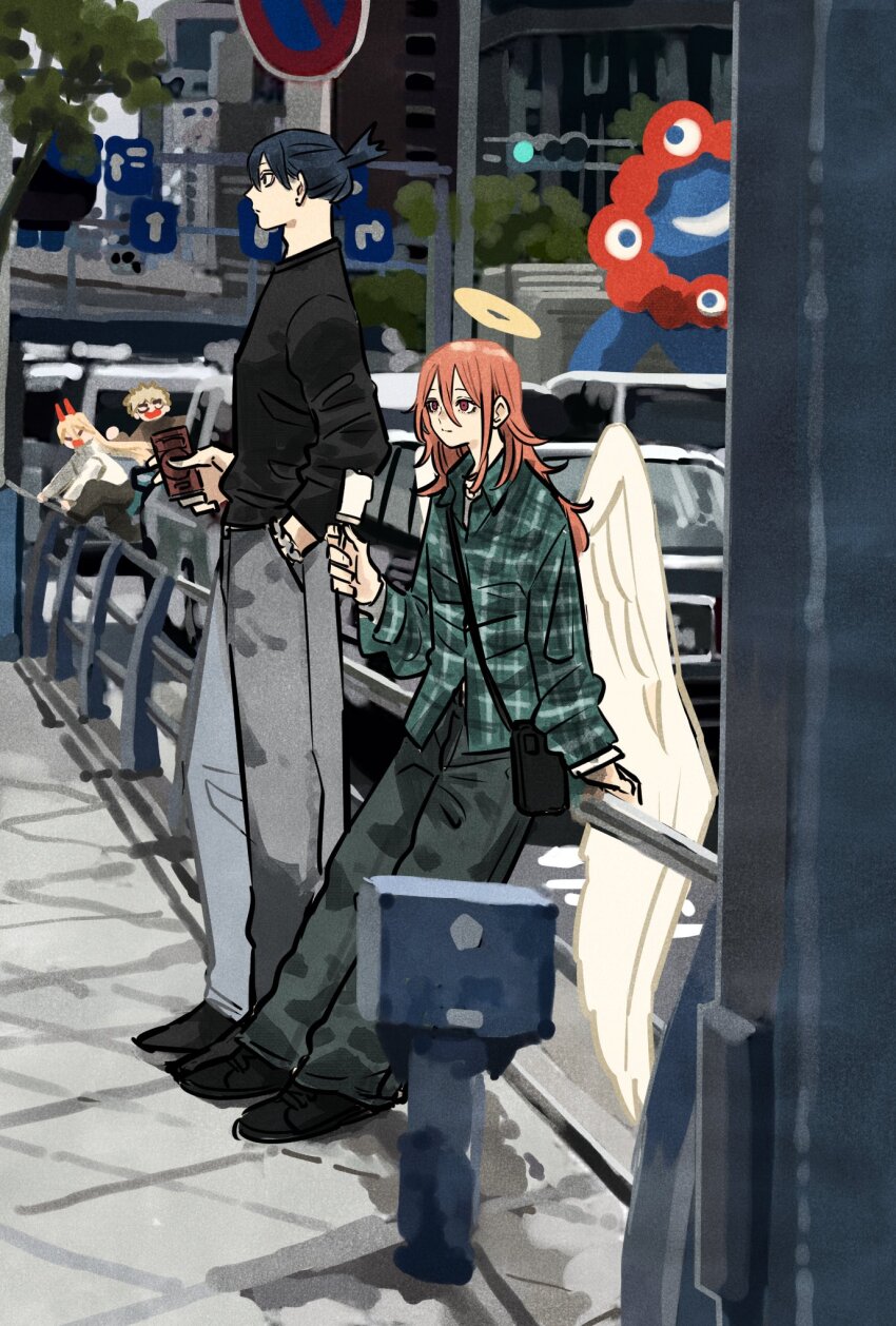 1girl 3boys against_railing androgynous angel_devil_(chainsaw_man) angel_wings bag black_bag black_hair black_pants black_shoes black_sweater blonde_hair can casual chainsaw_man city collared_shirt demon_girl demon_horns denji_(chainsaw_man) expo2025 food full_body green_shirt grey_pants hair_between_eyes halo hand_in_pocket hayakawa_aki highres holding holding_can holding_food holding_ice_cream horns ice_cream ice_cream_bar long_hair male_focus multiple_boys myaku-myaku open_mouth outdoors pants plaid_clothes plaid_shirt ponytail power_(chainsaw_man) railing red_hair red_horns shirt shoes short_hair short_ponytail shoulder_bag sweater takeuchi_ryousuke watch white_shirt white_wings wings wristwatch