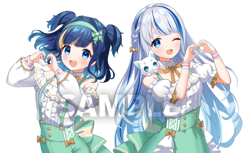 2girls :d ;d animal animal_on_shoulder back_bow bare_shoulders blue_eyes blue_hair blunt_bangs bow braid breasts collar commentary_request detached_collar detached_sleeves dot_nose frilled_shirt frilled_sleeves frills gradient_eyes green_bow green_ribbon green_skirt hair_bow hair_ribbon hikimayu kiki-yu lace_sleeves light_blush long_hair long_sleeves looking_at_viewer medium_hair multicolored_eyes multicolored_hair multiple_girls neck_ribbon off-shoulder_shirt off_shoulder official_art one_eye_closed open_mouth original pink_wrist_cuffs ribbon sample_watermark shirt short_braid simple_background skirt smile streaked_hair striped_ribbon suspender_skirt suspenders teeth two-tone_hair two_side_up upper_teeth_only very_long_hair watermark white_background white_collar white_hair wrist_cuffs yellow_bow