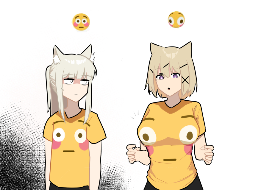 2girls :o alternate_costume animal_ears arknights blonde_hair breasts commentary emoji flushed_face_emoji flushed_face_emoji_shirt_(meme) highres hilarious large_breasts long_hair looking_at_another meme multiple_girls platinum_(arknights) shirt short_hair tofudofu upper_body utage_(arknights) what white_background white_eyes yellow_shirt