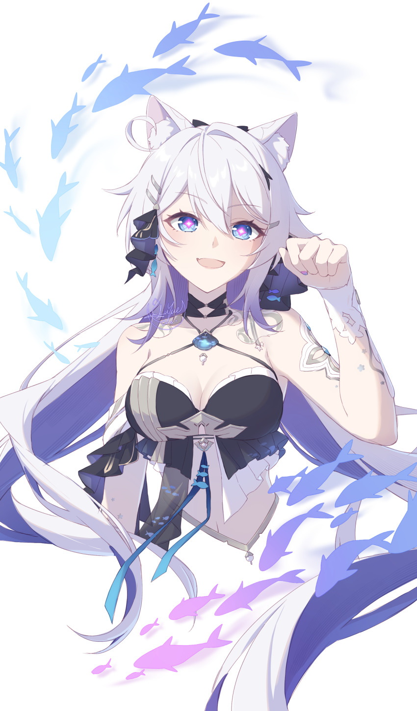 1girl absurdres animal_ear_fluff animal_ears bare_shoulders blue_eyes breasts cat_ears commentary criss-cross_halter hair_between_eyes halterneck hand_up highres honkai_(series) honkai_impact_3rd kemonomimi_mode kiana_kaslana kiana_kaslana_(herrscher_of_finality) large_breasts long_hair looking_at_viewer luyue nail_polish open_mouth purple_nails purple_pupils smile solo very_long_hair white_hair
