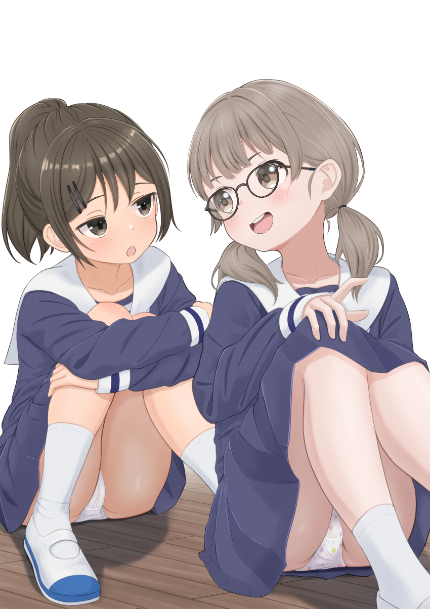 2girls absurdres black-framed_eyewear blue_serafuku blue_shirt blue_skirt brown_eyes brown_hair glasses highres hugging_own_legs knees_up looking_at_another low_ponytail multiple_girls on_floor open_mouth original panties pantyshot ponytail print_panties sailor_collar school_uniform serafuku shirt shoes sitting skirt socks star_(symbol) star_print tanakaminos teeth underwear upper_teeth_only white_background white_panties white_sailor_collar white_shoes white_socks