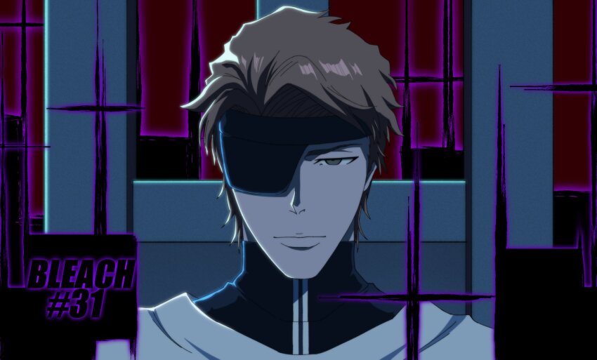 1boy aizen_sousuke anime_coloring black_bodysuit bleach bleach:_sennen_kessen-hen bodysuit brown_eyes brown_hair casting_spell chair closed_mouth commentary_request copyright_name episode_number eyepatch film_grain highres light_smile lips looking_at_viewer male_focus nose official_artist_extra official_style one_eye_covered red_background sha11021997 short_hair simple_background solo upper_body v-shaped_eyebrows