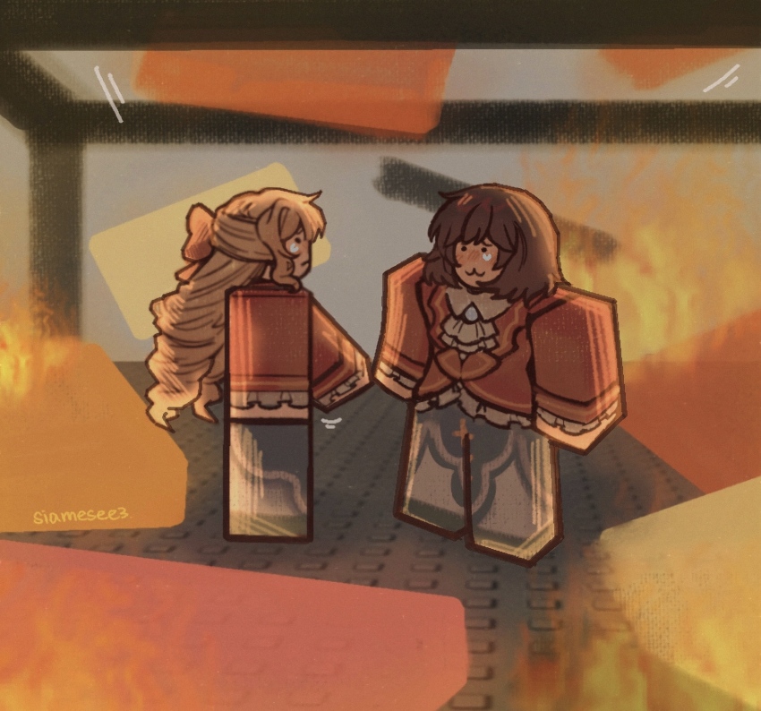 2girls :3 blonde_hair bow brown_hair claire_francois closed_mouth commentary english_commentary fire hair_bow highres holding_hands long_hair long_sleeves looking_at_another multiple_girls rae_taylor ralaire red_bow roblox school_uniform short_hair t4yl0r712 teardrop twitter_username watashi_no_oshi_wa_akuyaku_reijou yuri