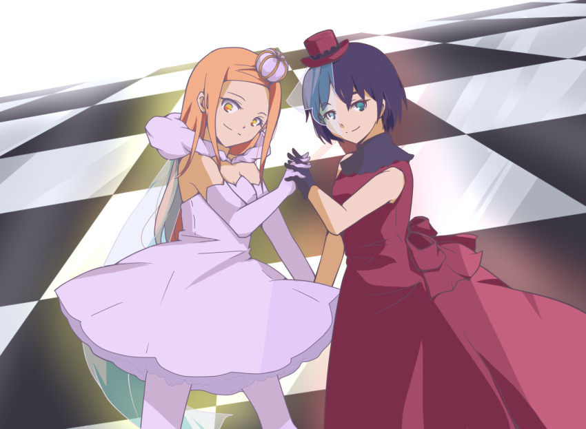 2girls chessboard crown egomama_(deco27) kira_kira_hoshino mini_crown multiple_girls