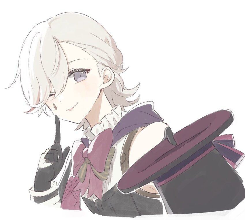 1boy black_gloves black_hat bow bowtie genshin_impact gloves hat holding holding_unworn_clothes holding_unworn_hat index_finger_raised looking_at_viewer lyney_(genshin_impact) male_focus multicolored_hair one_eye_closed purple_eyes red_bow red_bowtie red_hair shirase_(shirose) simple_background solo streaked_hair teardrop_facial_mark tongue top_hat unworn_hat unworn_headwear upper_body white_background white_hair