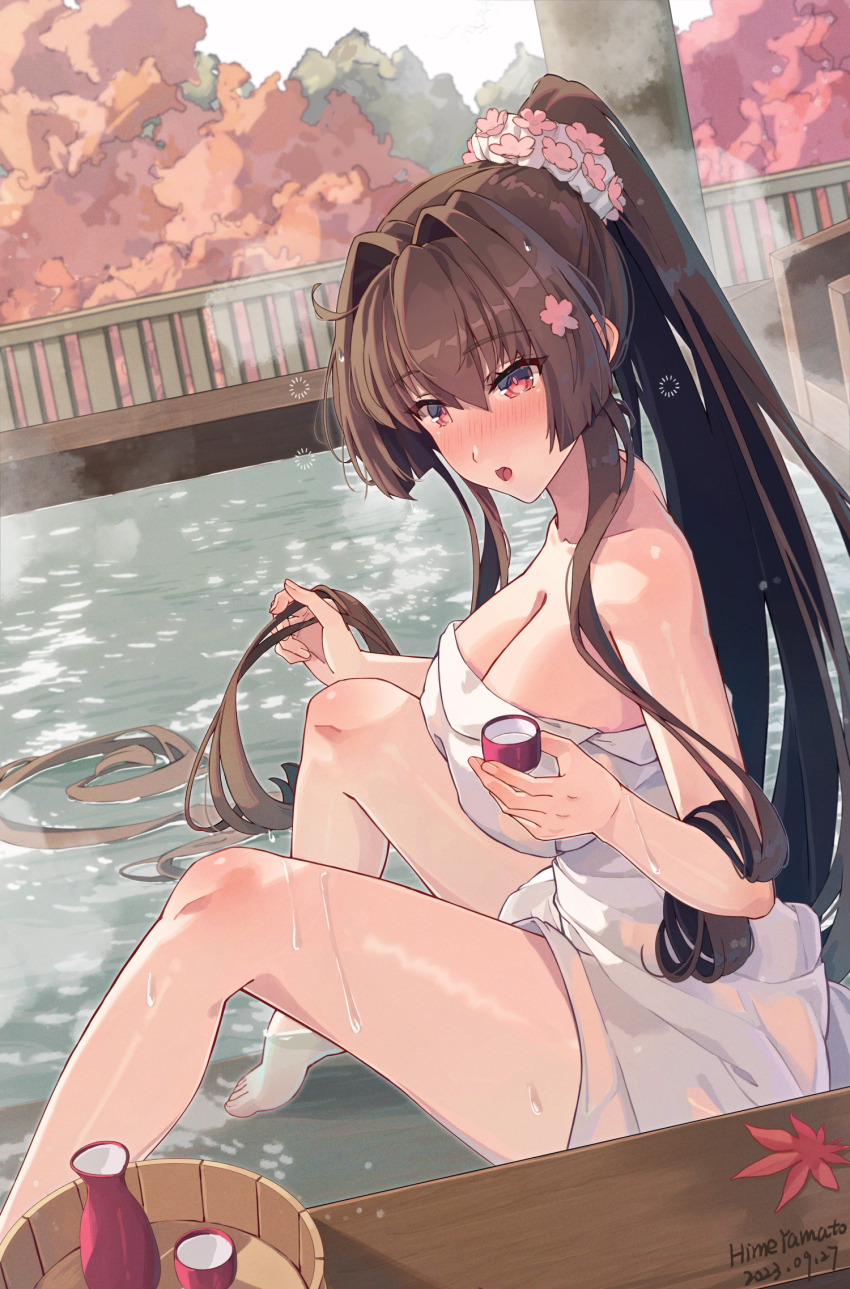 1girl artist_name barefoot blush breasts brown_eyes brown_hair choko_(cup) cleavage collarbone cup dated feet flower foot_out_of_frame hair_between_eyes hair_flower hair_ornament highres himeyamato holding holding_cup kantai_collection knees_up large_breasts leaf legs long_hair maple_leaf naked_towel onsen open_mouth outdoors pink_flower ponytail revision signature solo toes tokkuri towel very_long_hair yamato_(kancolle)