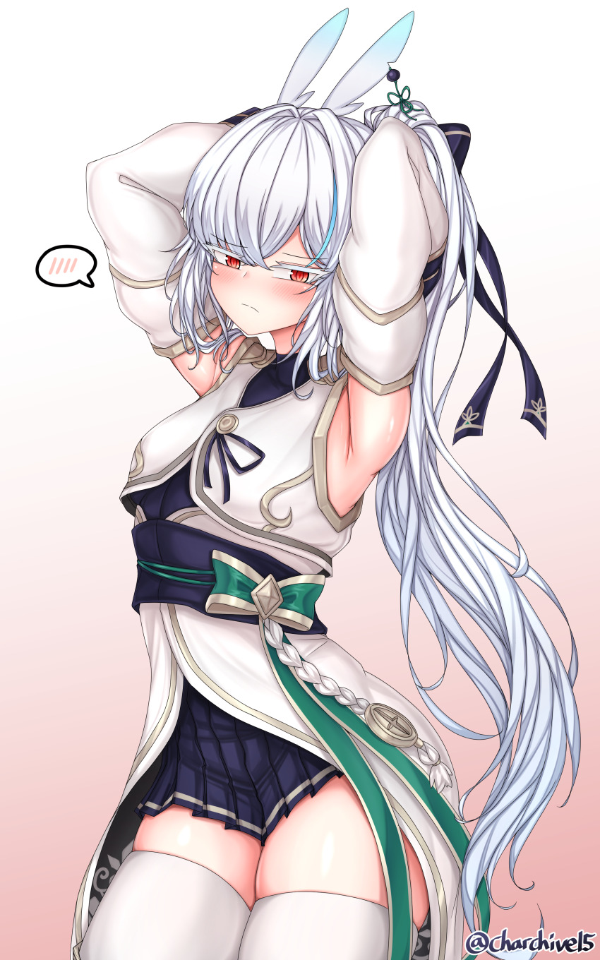 1girl absurdres animal_ears bare_shoulders black_skirt blush bow ch_(charchive15) colored_eyelashes detached_sleeves green_bow hair_rings highres len_(maplestory) long_hair maplestory multicolored_hair ponytail rabbit_ears red_eyes sidelocks_tied_back skirt speech_bubble streaked_hair thighhighs very_long_hair white_eyelashes white_hair white_thighhighs