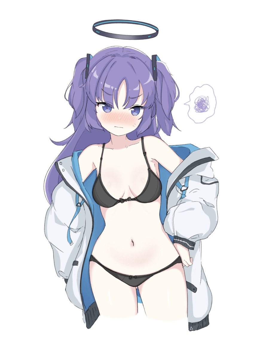 1girl black_bra black_panties blue_archive bra commentary embarrassed halo hand_on_own_hip highres hrna jacket mechanical_halo navel panties purple_eyes purple_hair simple_background solo spoken_squiggle squiggle two_side_up underwear white_background yuuka_(blue_archive)