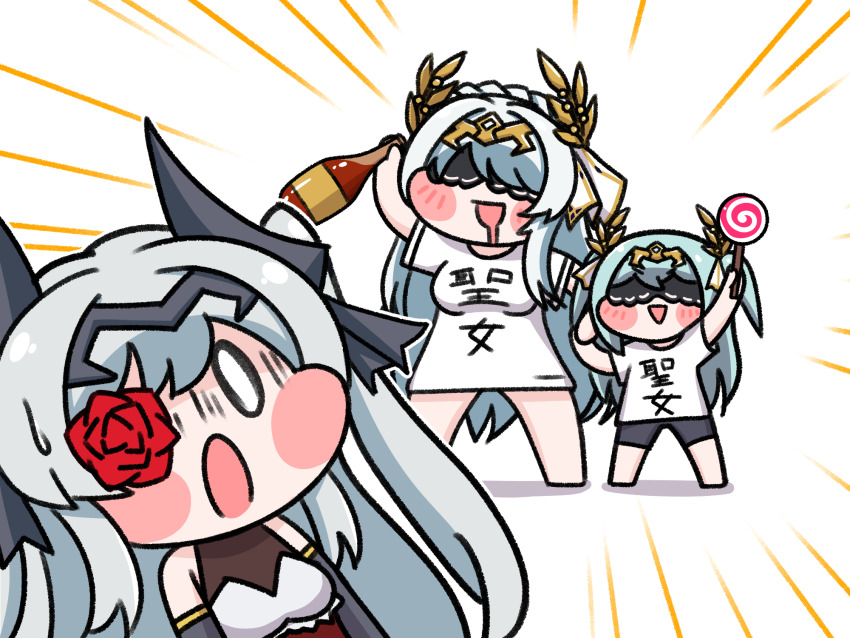 3girls alcohol alterkero aqua_hair blind_princess_(last_origin) blindfold blush_stickers candy chibi cyclops_princess_(last_origin) dress drooling elbow_gloves fake_horns flower_eyepatch food gloves head_wreath headband highres holding holding_candy holding_food holding_lollipop horns last_origin lollipop long_hair lrl_(last_origin) mouth_drool multiple_girls open_mouth pants shirt siblings sisters solid_oval_eyes surprised swirl_lollipop two_side_up very_long_hair white_background white_hair white_shirt