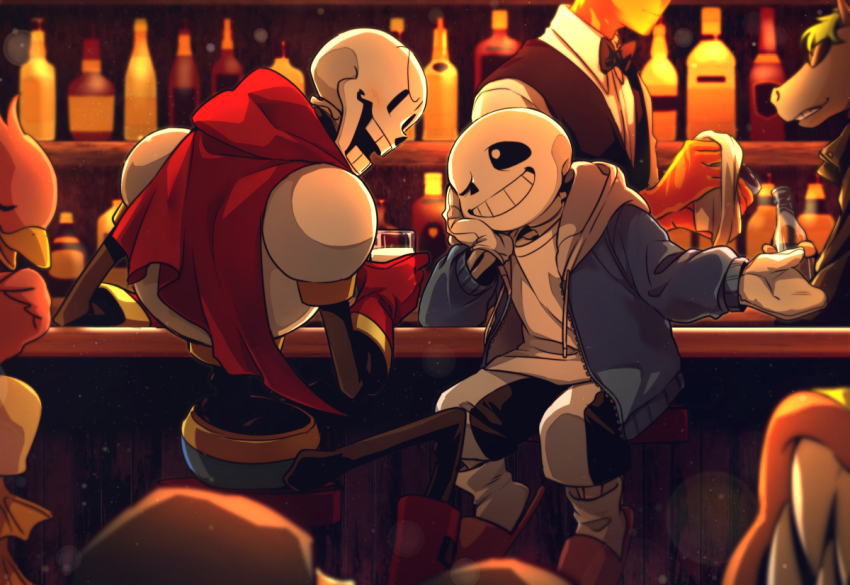 ahin_vpv bar_(place) beer_bottle black_bow black_sclera blue_jacket bottle bow chair character_request colored_sclera cup gloves grillby grin holding holding_bottle holding_cup hood hoodie horse_boy jacket male_focus one_eye_closed papyrus_(undertale) sans_(undertale) sitting skeleton smile teeth undertale white_gloves