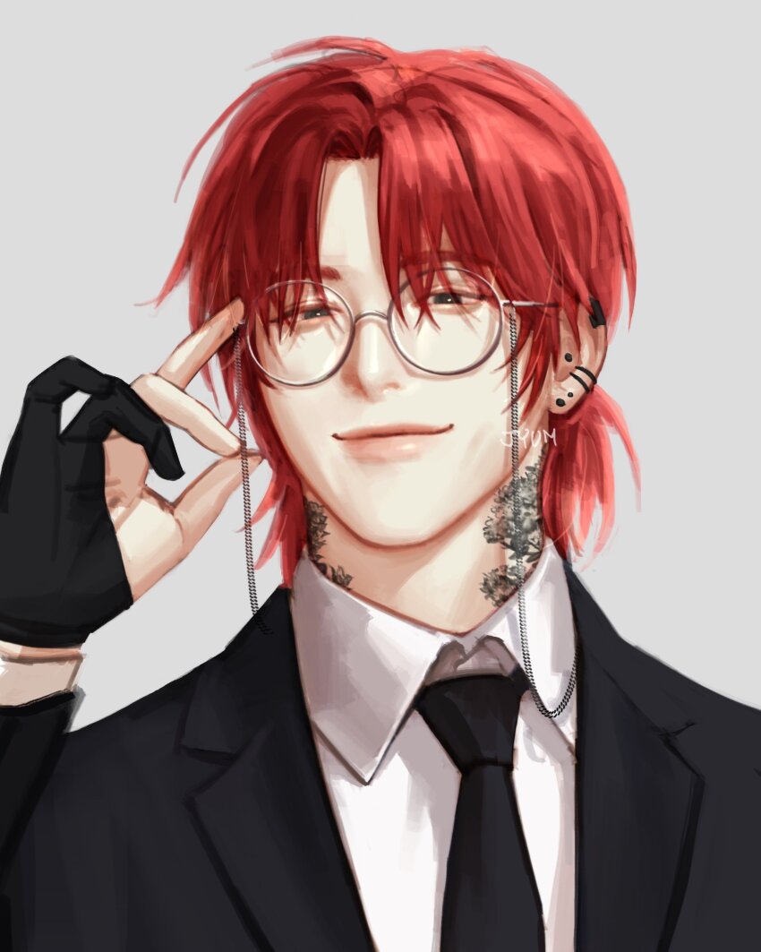 1boy absurdres bespectacled black_necktie closed_mouth collared_shirt commentary_request eoduun_badaui_deungbul-i_doeeo formal_clothes glasses grey_background hand_up highres jyum_00 kim_jaehee korean_commentary looking_at_viewer male_focus neck_tattoo necktie portrait prosthetic_fingers red_hair round_eyewear shirt short_hair simple_background solo suit tattoo upper_body white_shirt