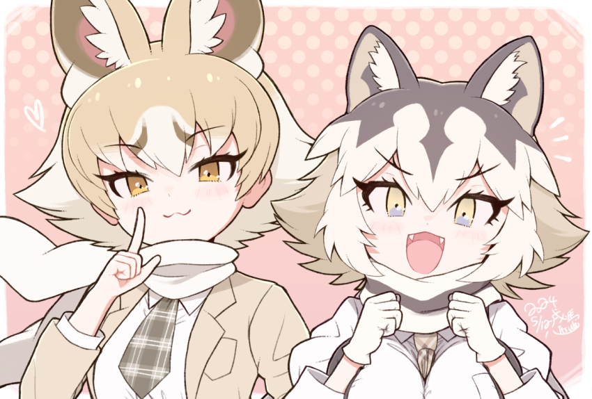 2girls animal_ears black_hair brown_eyes brown_hair eastern_wolf_(kemono_friends) extra_ears fox_ears fox_girl gloves grey_eyes grey_hair heart jacket kemono_friends kit_fox_(kemono_friends) kitsunetsuki_itsuki looking_at_viewer multiple_girls necktie pink_background scarf shirt short_hair simple_background wolf_ears wolf_girl