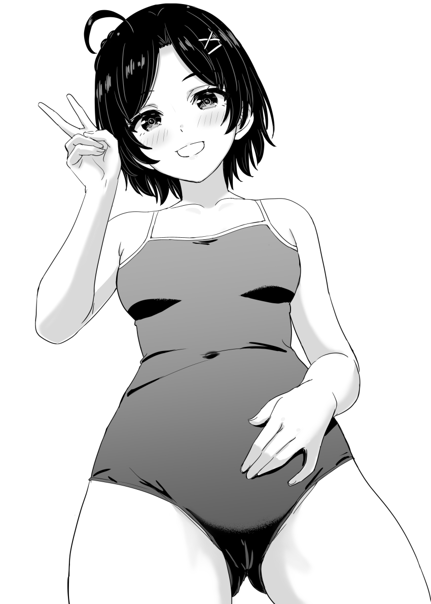 1girl absurdres ahoge blush breasts cameltoe clenched_teeth collarbone commentary covered_navel cowboy_shot gluteal_fold greyscale hair_ornament hand_on_own_stomach hand_up highres hikigaya_komachi inanaki_shiki looking_at_viewer monochrome one-piece_swimsuit school_swimsuit short_hair simple_background small_breasts smile solo swimsuit teeth v white_background x_hair_ornament yahari_ore_no_seishun_lovecome_wa_machigatteiru.