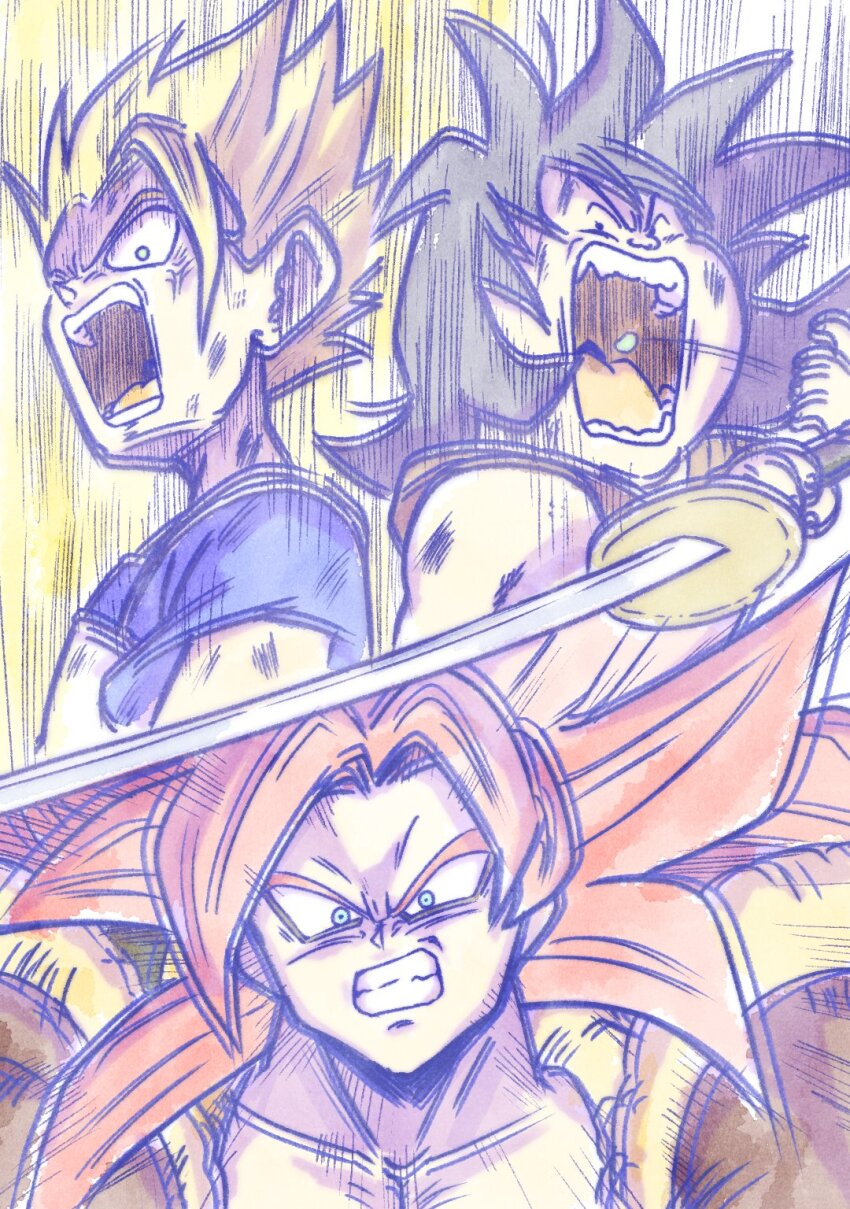3boys black_hair body_fur cabba dragon_ball dragon_ball:_sparking! dragon_ball:_sparking!_zero dragon_ball_gt dragon_ball_super gogeta highres imasogari katana multiple_boys muscular muscular_male open_mouth red_hair saiyan_armor spiked_hair super_saiyan super_saiyan_4 sword weapon yajirobe