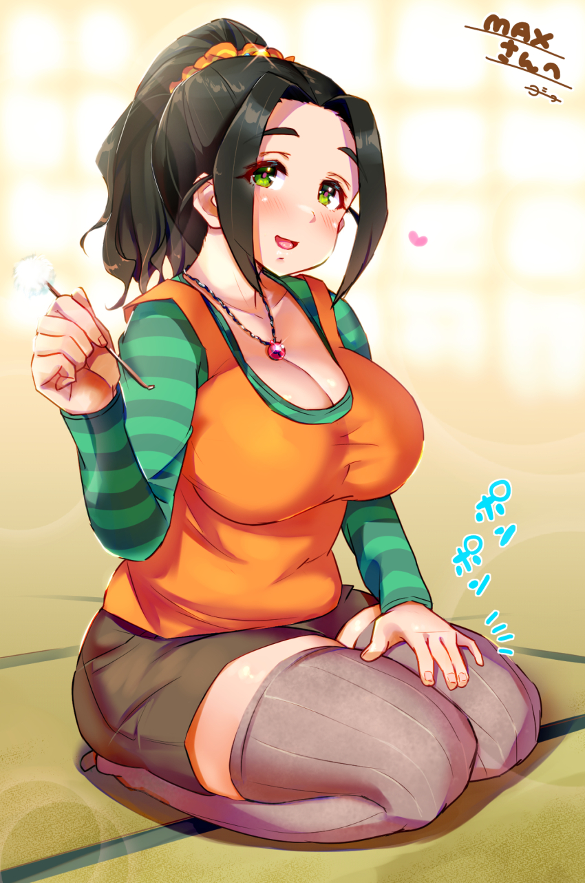 1girl :d black_hair breasts curvy ear_cleaning ebihara_naho green_eyes green_sleeves grey_thighhighs heart highres idolmaster idolmaster_cinderella_girls ikinari_mojio impossible_clothes indoors jewelry large_breasts looking_at_viewer mimikaki necklace open_mouth orange_shirt ponytail shirt sitting smile solo striped_sleeves tatami thighhighs