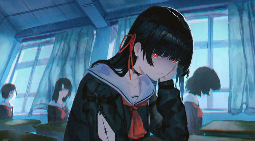 4girls absurdres arm_cutout black_choker black_hair black_jacket black_shirt bright_pupils chisa_(wuthering_waves) choker chromatic_aberration classroom closed_mouth clothing_cutout collarbone commentary draws_sticks hair_ribbon hand_up highres indoors jacket long_hair long_sleeves looking_at_viewer mole mole_under_eye multiple_girls neckerchief red_eyes red_neckerchief red_ribbon ribbon sailor_collar shirt solo_focus tacet_mark_(wuthering_waves) white_pupils white_sailor_collar wuthering_waves
