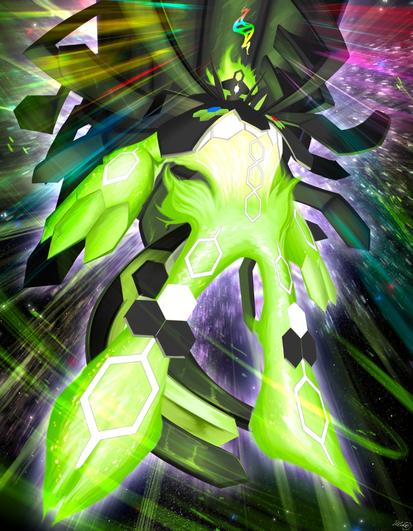 absurdres commentary english_commentary fivizzaniluke full_body gen_6_pokemon glowing highres legendary_pokemon mega_evolution_symbol mega_pokemon mega_zygarde nintendo pokemon pokemon_(creature) pokemon_focus signature solo spoilers zygarde zygarde_(complete)