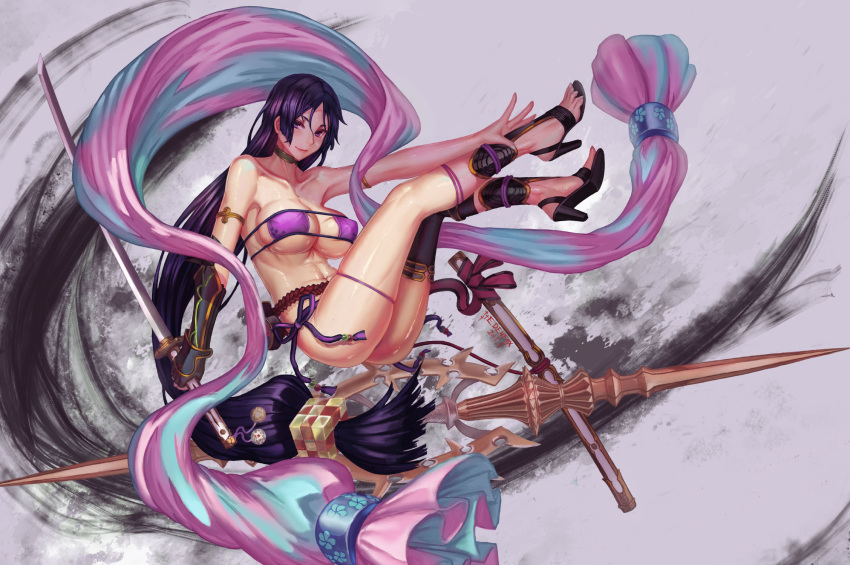 1girl absurdly_long_hair bare_shoulders bikini breasts collarbone edenfox eyepatch_bikini fate_(series) female_focus full_body high_heels highres katana large_breasts legs long_hair looking_at_viewer low-tied_long_hair minamoto_no_raikou_(fate) minamoto_no_raikou_(fate/grand_order) minamoto_no_raikou_(swimsuit_lancer)_(fate) minamoto_no_raikou_(swimsuit_lancer)_(third_ascension)_(fate) navel polearm purple_bikini purple_eyes purple_hair smile solo swimsuit sword thighs very_long_hair weapon