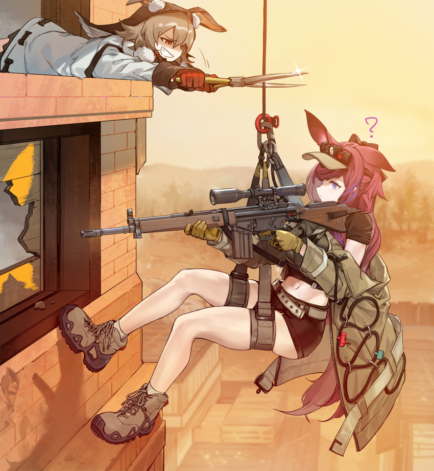 2girls ? absurdres animal_ear_fluff animal_ears arknights battle_rifle belt black_shirt black_shorts caper_(arknights) commission crop_top dress gloves grey_belt grey_footwear grey_hair grin gun h&amp;k_g3 highres holding holding_gun holding_weapon long_hair long_sleeves midriff multiple_girls mush navel outdoors purple_eyes purple_hair rabbit_ears ray_(arknights) red_eyes red_gloves rifle second-party_source shears shirt shoes short_shorts shorts smile sneakers sniper_rifle thighs visor_cap weapon white_dress