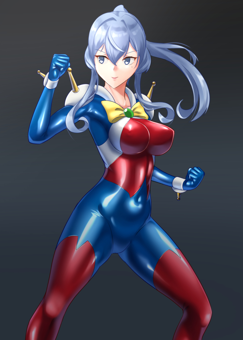 1girl allenby_beardsley allenby_beardsley_(cosplay) black_background blue_bodysuit blue_eyes blue_hair blush bodysuit breasts cosplay cowboy_shot fighting_stance g_gundam gotland_(kancolle) gradient_background gundam hair_between_eyes hair_bun hair_ornament highres kantai_collection large_breasts long_hair looking_at_viewer mecha_pilot_suit mobile_trace_suit mole mole_under_eye single_hair_bun skin_tight smile solo wata_nuki