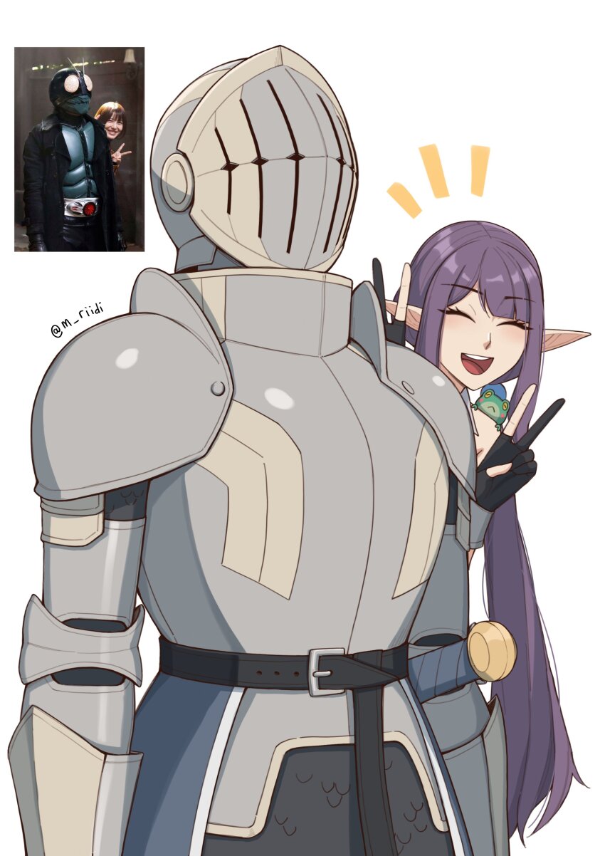 absurdres ajeng_(mawaridi) animal animal_on_shoulder armor belt black_belt breastplate double_v elf frog frog_on_shoulder full_armor highres long_hair mawaridi notice_lines open_mouth original photo-referenced pointy_ears purple_hair reference_inset scale_armor sword_hilt twitter_username v very_long_hair visor_(armor) white_background yvonne_(mawaridi)