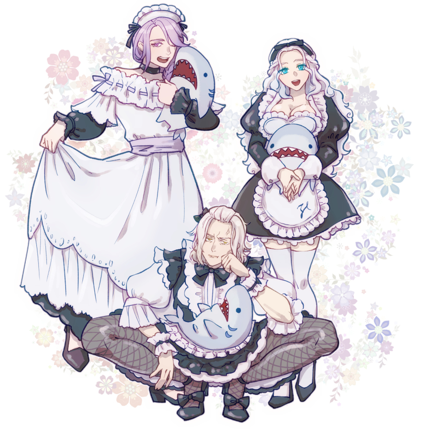 1girl 2boys :d alternate_costume anger_vein apron black_bow black_bowtie black_choker black_footwear black_hairband black_pantyhose bow bow_hairband bowtie braid breasts choker cleavage crossdressing dress elbow_on_thigh elbow_rest emet-selch enmaided final_fantasy final_fantasy_xiv fishnet_pantyhose fishnets floral_background footwear_bow fosaster_fenrir frilled_apron frilled_dress frills frown full_body hair_bow hairband half_up_braid highres holding holding_stuffed_toy hythlodaeus juliet_sleeves long_hair long_sleeves looking_at_viewer maid maid_apron maid_headdress medium_hair multiple_boys open_mouth own_hands_together pantyhose puffy_long_sleeves puffy_sleeves purple_eyes purple_hair shoes short_hair side_braid simple_background single_braid skirt_hold smile squatting standing stuffed_animal stuffed_shark stuffed_toy thighhighs v_arms venat_(ff14) white_background white_hair white_thighhighs wrist_cuffs yellow_eyes