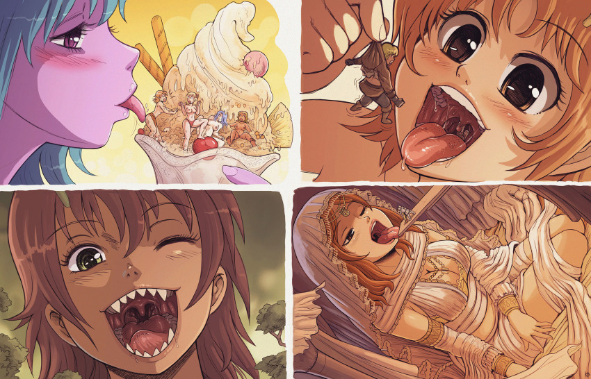 6+girls blush breasts brown_eyes brown_hair cleavage dark_souls_(series) dark_souls_i felarya food giant giantess green_eyes headdress highres ice_cream karbo licking melany_(karbo) multiple_girls nipples one_eye_closed open_mouth queen_of_sunlight_gwynevere saliva sharp_teeth smile subeta teeth tongue tongue_out topless_female uvula vore