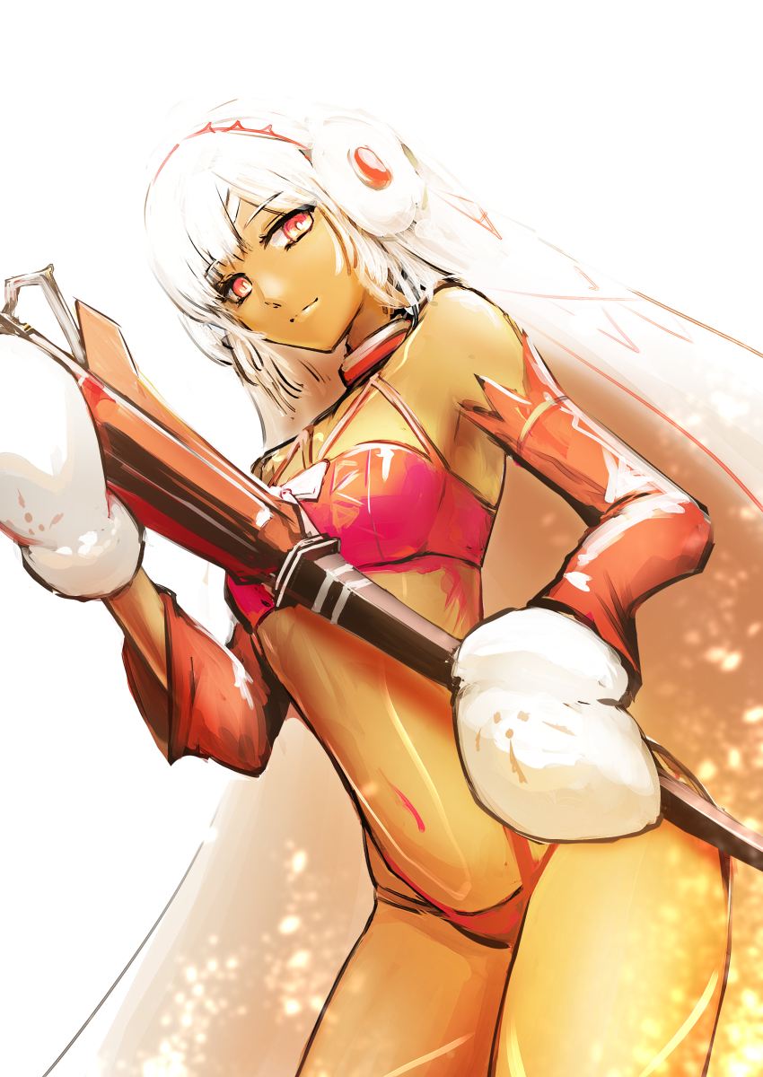 152_in_can 1girl absurdres altera_(fate) altera_the_santa_(fate) bikini dark-skinned_female dark_skin earmuffs fate/grand_order fate_(series) gloves highres navel red_bikini red_eyes solo staff swimsuit veil white_hair
