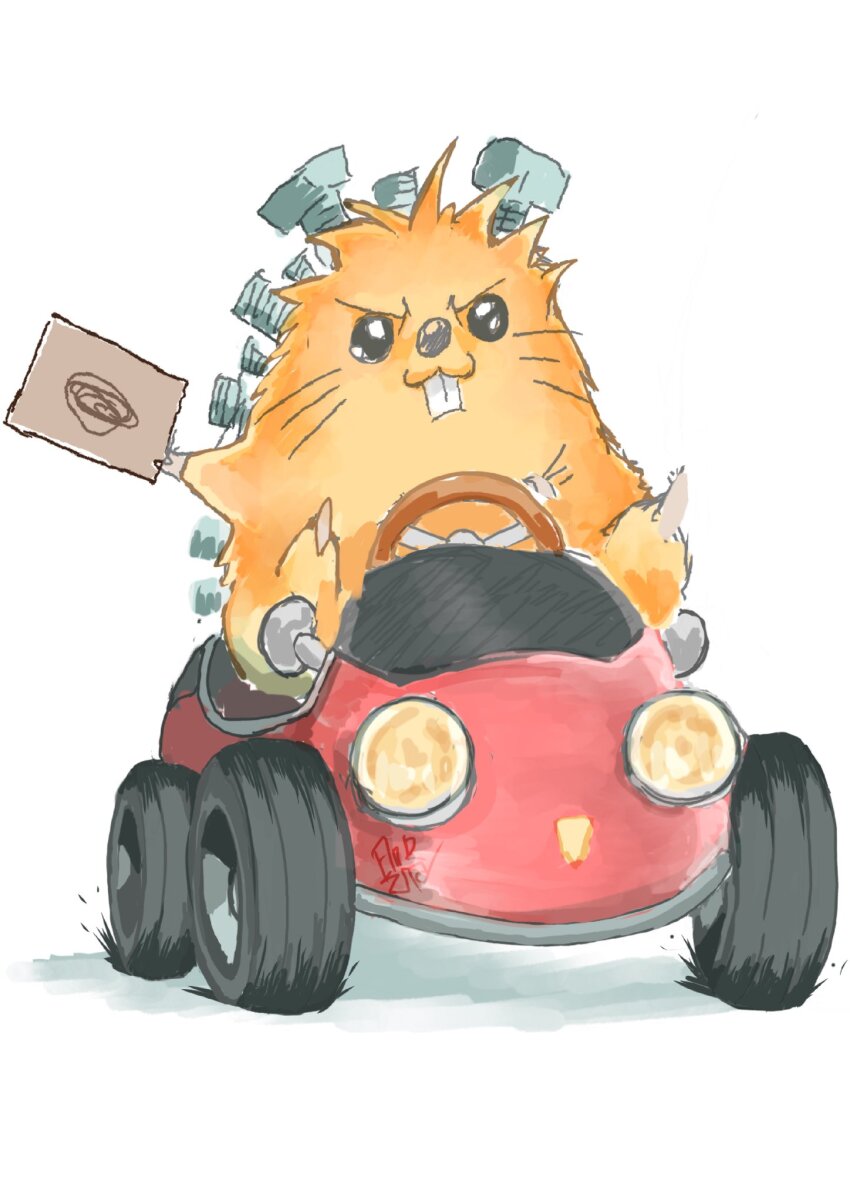 body_fur brown_fur card driving duel_monster full_body hedgehog highres holding holding_card no_humans quillbolt_hedgehog red_bean_donuts_(andnuts) simple_background steering_wheel toy_car trading_card white_background yu-gi-oh!