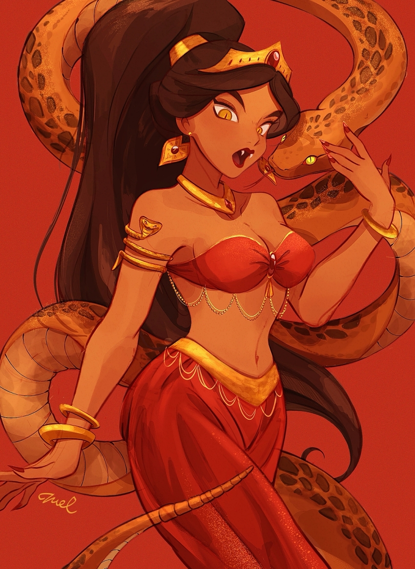 1girl aladdin_(movie) alternate_color arabian_clothes baggy_pants bra bracelet breasts brown_hair earrings fangs gold_armlet high_ponytail highres jasmine_(disney) jewelry long_hair looking_at_viewer medium_breasts melchencanto navel open_mouth orange_eyes pants ponytail red_background red_bra red_pants signature simple_background slit_pupils snake snake_armband solo tiara underwear