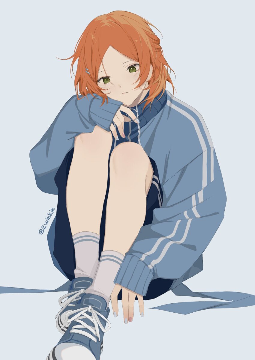 1boy aoi_yuta blue_jacket blue_shorts ensemble_stars! expressionless full_body green_eyes hair_ornament hairclip half_updo hand_on_own_knee head_on_hand highres jacket kina_(2winkin) knees knees_to_chest male_focus medium_hair nail_polish orange_hair oversized_clothes parted_bangs shoes shorts sitting sneakers socks strap track_suit tube_socks white_socks zipper