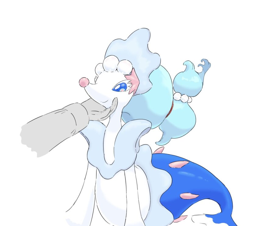 blue_eyes blue_hair colored_skin disembodied_hand gen_7_pokemon hand_on_another&#039;s_chin highres long_hair nintendo pokemon pokemon_(creature) primarina simple_background solo_focus son_foxeater white_background white_skin