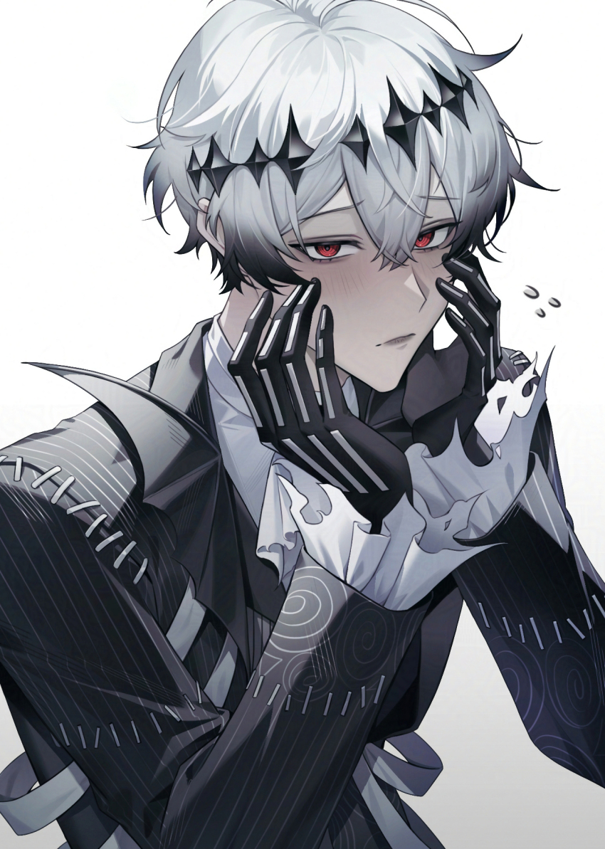 1boy 9_rnnr black_gloves black_hair black_jacket blush commentary_request commission diamond_hairband gloves gradient_hair grey_hair highres jacket korean_commentary long_sleeves looking_at_viewer male_focus multicolored_hair parted_lips pinstripe_jacket pinstripe_pattern red_eyes shirt simple_background skully_j._graves solo twisted_wonderland upper_body white_background white_shirt