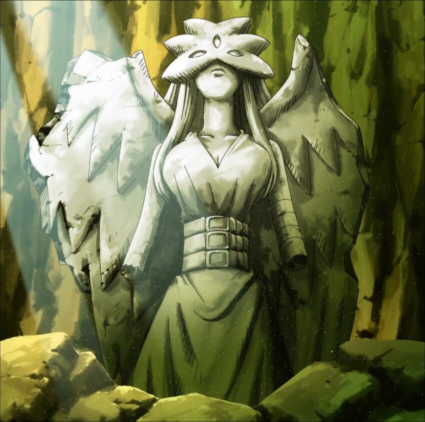 belt digimon digimon_xros_wars goddess_(digimon_xros_wars) long_hair mask rock screencap statue wings