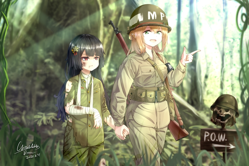 2021 2girls absurdres arm_sling arrow_(symbol) bad_end bandages black_hair blonde_hair bolt_action brown_eyes captured chousetsu_(chongvon) commentary_request dated defeat dirty empty_eyes english_text forest girls&#039;_frontline green_eyes guadalcanal_(island) guadalcanal_campaign gun helmet highres holding_hands imperial_japanese_army injury jungle light_rays m1903_springfield military_combat_uniform military_police military_uniform multiple_girls nature pointing pointing_to_the_side prisoner rainforest real_life rifle sign signature size_difference skull soldier springfield_(girls&#039;_frontline) sunbeam sunlight torn_clothes tree type_100_(girls&#039;_frontline) united_states_marine_corps weapon world_war_ii