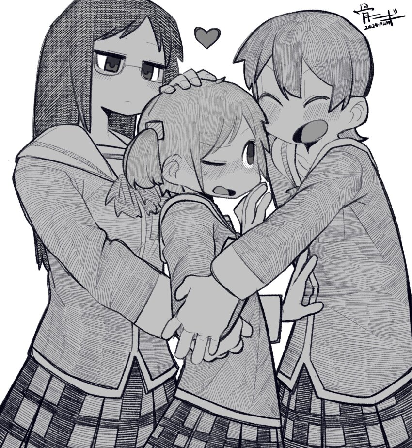 3girls aioi_yuuko blush bone_nigi closed_eyes glasses greyscale hand_on_another&#039;s_head highres looking_at_another minakami_mai monochrome multiple_girls naganohara_mio nichijou one_eye_closed open_mouth polyamorous polyamory polygamy white_background