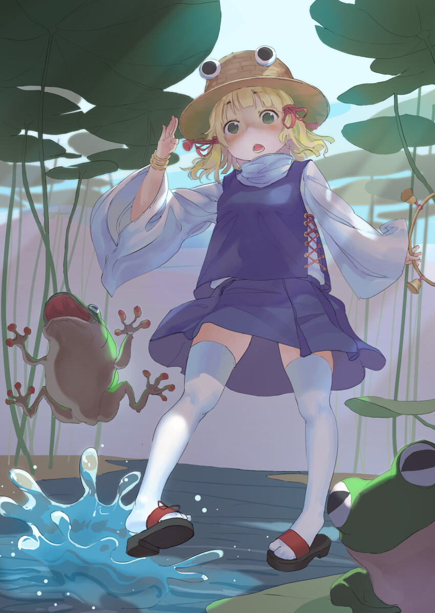 1girl absurdres arm_up bell blonde_hair blue_skirt blue_vest cross-laced_clothes cross-laced_vest fang floating frog googly_eyes green_eyes hair_ornament hair_ribbon hat high_collar highres holding_hoop hoop light_blush lily_pad moriya_suwako open_mouth pond ribbon sandals shirt skirt splashing tabi tassel tassel_hair_ornament telekinesis thighhighs touhou two_side_up vest water wedee white_shirt white_thighhighs wide_sleeves