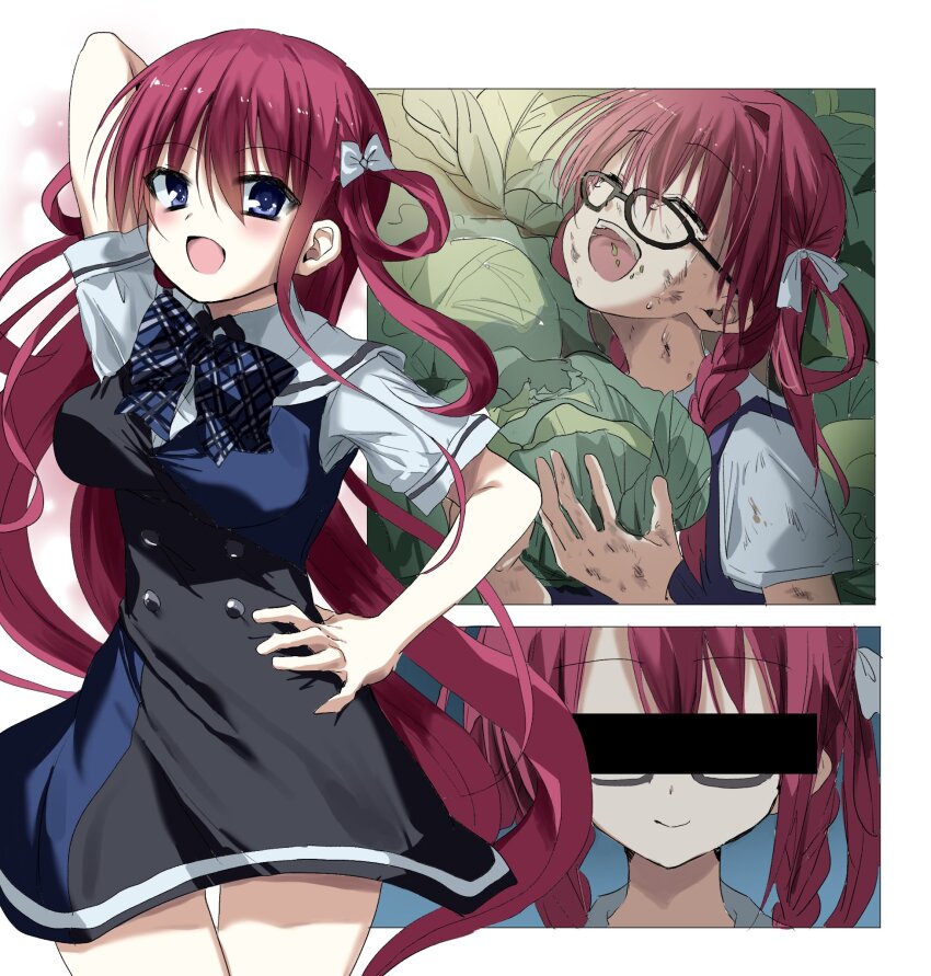 1girl :d aged_down arm_up bar_censor black-framed_eyewear black_dress blue_bow blue_dress blue_eyes blush bow breasts cabbage censored closed_eyes closed_mouth cowboy_shot dirty dirty_face dress eating eyes_visible_through_hair floating_hair food glasses grisaia_(series) grisaia_no_kajitsu hair_between_eyes hair_bow hair_rings hand_on_own_hip highres holding holding_food kasukasugom1 large_breasts long_hair looking_at_viewer multiple_views open_mouth plaid_bow red_hair sailor_collar school_uniform shirt short_sleeves simple_background smile spoilers suou_amane tears two-tone_dress two_side_up very_long_hair white_background white_bow white_sailor_collar white_shirt