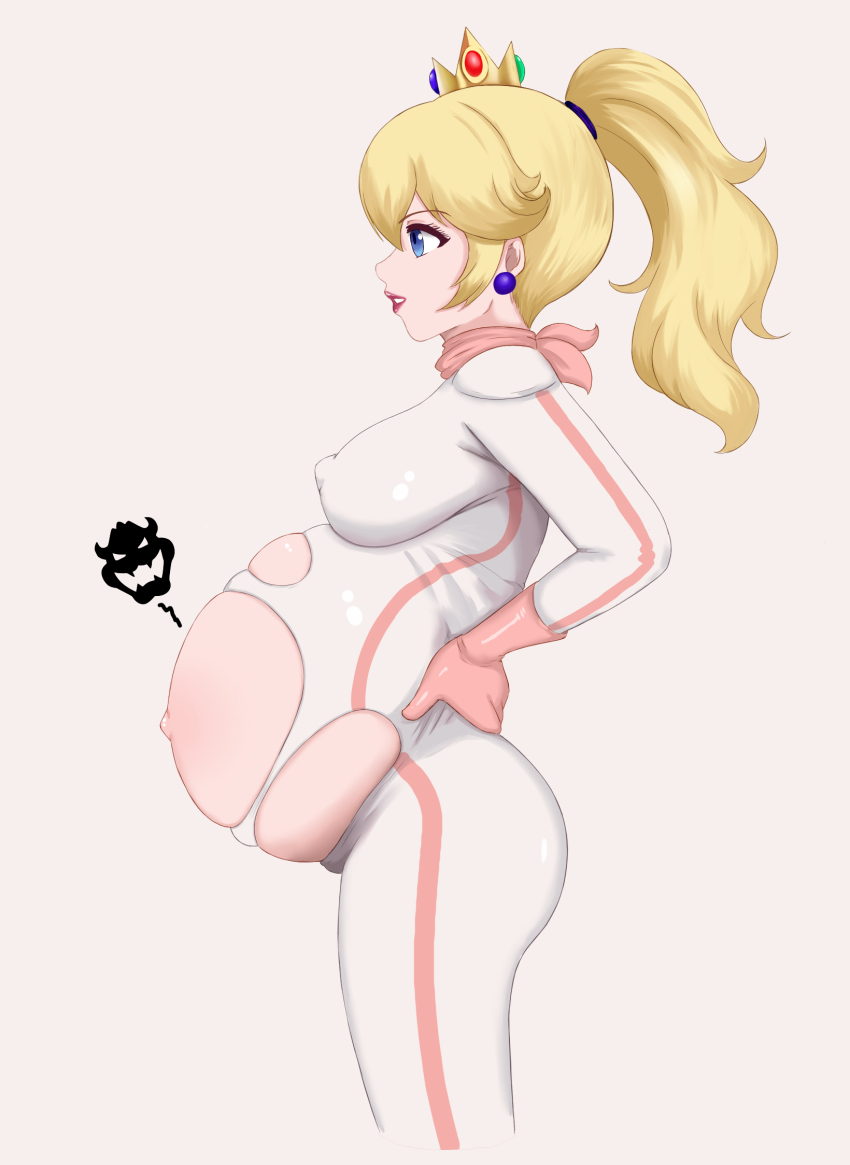 1girl big_belly biker_peach blonde_hair blue_eyes bodysuit bowser_logo breasts covered_erect_nipples crown earrings eyelashes female_focus gloves hands_on_own_hips high_ponytail highres jewelry lips lipstick long_hair makeup mario_(series) mario_kart mario_kart_wii medium_breasts mini_crown mrhunking nintendo parted_lips ponytail pregnant princess_peach profile red_lips simple_background solo sphere_earrings standing torn_bodysuit torn_clothes