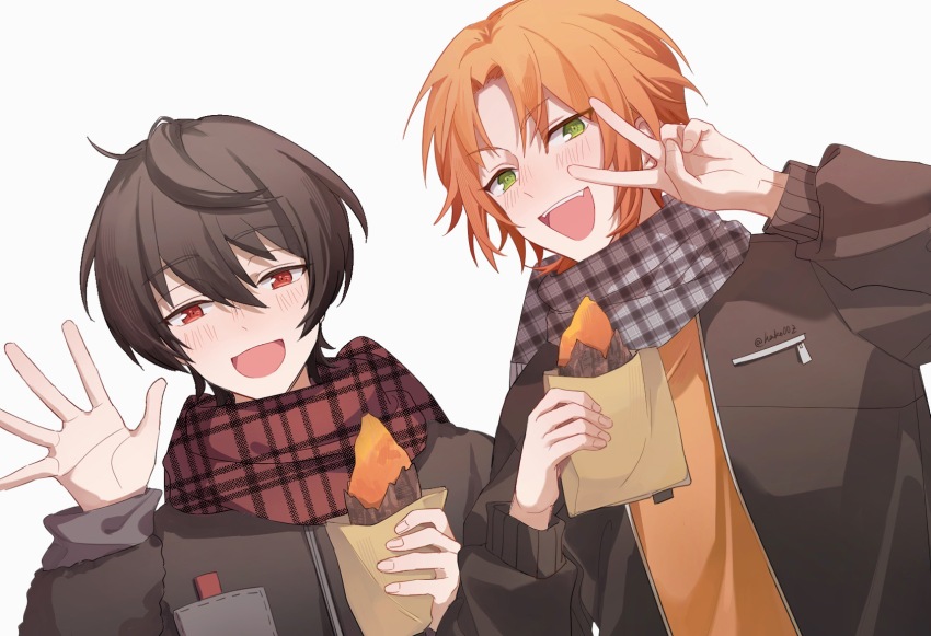 2boys artist_name black_hair blush brown_coat brown_jacket chinese_commentary coat commentary_request dutch_angle ensemble_stars! fang food green_eyes hair_between_eyes hako00z hand_up highres holding holding_food jacket long_sleeves male_focus medium_hair multiple_boys open_mouth orange_hair orange_shirt plaid_clothes plaid_scarf pocket puffy_long_sleeves puffy_sleeves red_eyes roasted_sweet_potato sakuma_ritsu scarf shirt short_hair side_ponytail simple_background smile sweet_potato tsukinaga_leo upper_body v v_over_eye white_background winter winter_clothes zipper