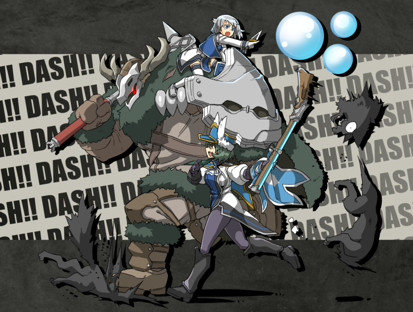 1boy 2girls :d :o alta_castella armor ascot black_boots blue_hat boots breasts brown_boots brown_gloves bubble elbow_gloves gloves green_hair grey_hair gun hat holding holding_gun holding_weapon magic monster multiple_boys multiple_girls open_mouth pixiv_fantasia pixiv_fantasia_revenge_of_the_darkness red_eyes running short_hair shoulder_armor skull small_breasts smile stomping tea_aquaria tsukinami_kousuke weapon white_ascot white_gloves