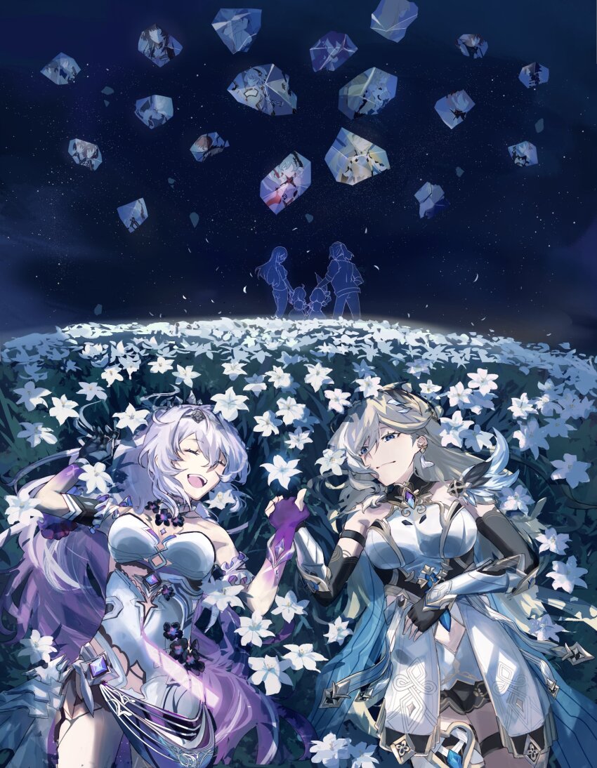 2girls bronya_zaychik bronya_zaychik_(herrscher_of_truth) cecilia_schariac durandal_(bright_knight:_excelsis)_(honkai_impact) durandal_(dea_anchora)_(honkai_impact) durandal_(honkai_impact) durandal_(palatinus_equinox)_(honkai_impact) flower fu_hua gonnbe_fofo highres honkai_(series) honkai_impact_3rd kiana_kaslana kiana_kaslana_(herrscher_of_finality) kiana_kaslana_(herrscher_of_flamescion) kiana_kaslana_(white_comet) laughing multiple_girls murata_himeko murata_himeko_(vermillion_knight) raiden_mei raiden_mei_(herrscher_of_origin) rita_rossweisse seele_(alter_ego) seele_vollerei siegfried_kaslana sirin smile theresa_apocalypse