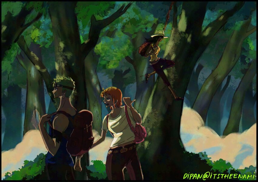 1boy 2girls bag bandana_around_arm black_hair blue_tank_top commentary cowboy_hat disembodied_hand earrings english_commentary flying forest full_body goggles goggles_on_head green_hair hana_hana_no_mi hat highres itstheenami jewelry multiple_girls nami_(one_piece) nami_(one_piece)_(skypiea) nature nico_robin nico_robin_(skypiea) one_piece orange_hair profile roronoa_zoro shirt short_hair shoulder_bag smile t-shirt tank_top tree twitter_username white_hat